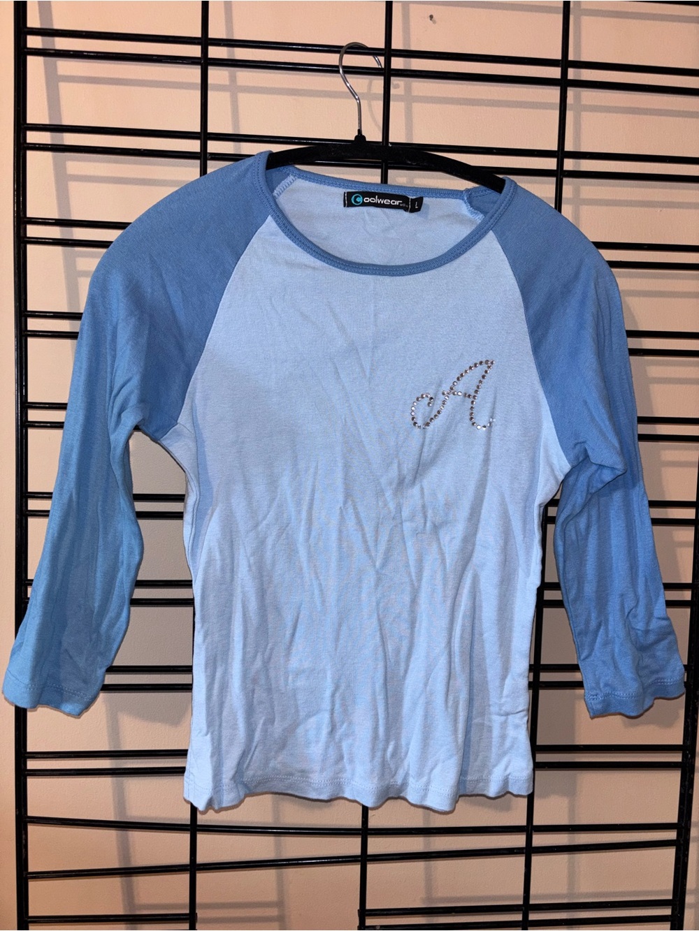 Coldwater Creek Light Blue Raglan Long-Sleeve Tee with Rhinestone 'A' Accent